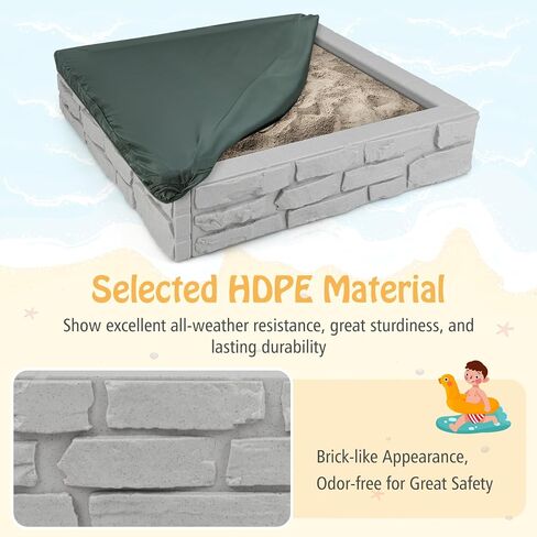 عسل فرحة 12.5 "صندوق رمل الأطفال مع غطاء ، 48 × 48 بوصة حفرة HDPE كبيرة للبناء الخلفي ، 4 مقاعد الزاوية وبطانة أسفل ، حماية الرمال ، جميع صناديق الرمل المقاومة للطقس للأطفال في الهواء الطلق (القهوة) in Kuwait