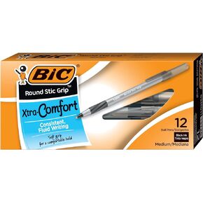 BIC Round Stic® Grip™ Xtra-Comfort Medium Ball Point Pen, Black, 12 Pack