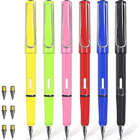 6Pcs Everlasting Pencil, Inkless Pencil Eternal with 6pcs Replacement Nibs, Inkless Pen Unlimited Writing Pencil, Reusable Erasable Pencil for Student Artist, Kids Gifts (6pcs-A)