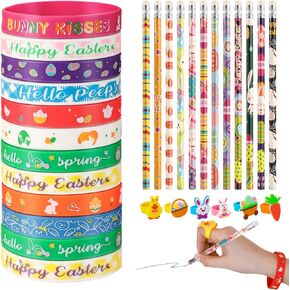 54 Pcs Easter Party Favors Bulk Easter Pencils Jewelry Rings Silicone Bracelet Set Easter Basket Stuffers Pencils with Erasers Rubber Wristbands for Schools Activities Classroom Gifts