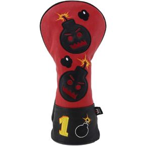 CRAFTSMAN GOLF Driver Headcover Embroidery Bomb, PU Leather Golf Head Covers Driver Fairway Wood Hybrid Red & Black Blade Putter Cover