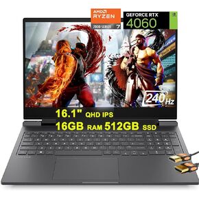 HP Victus 16 Gaming Laptop 16.1" QHD IPS 240Hz AMD 8-Core Ryzen 7 7840HS >i7-12700H 16GB RAM 1TB SSD GeForce RTX 4060 8GB Graphic Backlit USB-C Fast Charging FHD Webcam Win11 Black + HDMI Cable