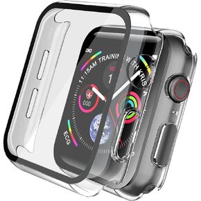 عبوتان من الحافظة الصلبة المصممة لساعة Apple Watch Series 9 و8 و7 مقاس 45 ملم، وواقي شاشة مدمج من الزجاج المقوى 9H، وغطاء نحيف مقاوم للخدش واقٍ بالكامل لساعة iWatch مقاس 45 ملم - أسود