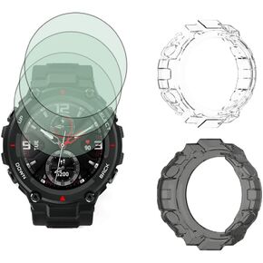Watch Screen Protector (3+2Pack) Compatible for Amazfit T-Rex/T-Rex Pro, Tempered Glass Film Anti-Scratch High Definition Full Coverage and Soft TPU Protective Case Transparent D35mm