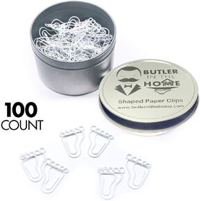 Butler in the Home Foot Feet Shaped Paper Clips Great for Paper Clip Collectors or Office Gift - Comes in Round Tin with Lid and Gift Box (White 100 Count)