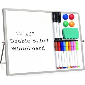 Dry Erase White Board, 12 x 9 Inch Small Magnetic Desktop Whiteboard with Stand, Double Sided Portable White Board with 12 Markers, 4 Magnets,1 Eraser for Kids, Office, Home, Classroom