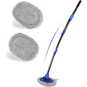 15° Bend Labor-saving Car Wash Brush with Telescopic Handle 56.7" Chenille Microfiber Soft Car Wash Mop Long Handle Car Cleaning Brush Kit with Extension Pole & Replacement Head for Clean Car RV Truck