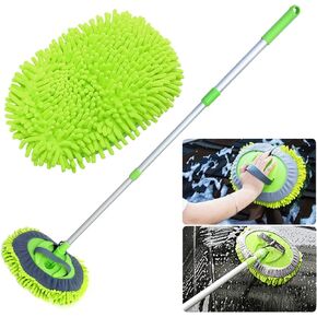 2 in 1 Chenille Microfiber Car Wash Mop Mitt with 46" Aluminum Alloy Long Handle,Car Cleaning Kit Brush Duster,Scratch Free Cleaning Tool Dust Collector Supplies, 2Pcs Mop Head(Green)