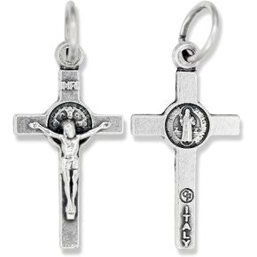 Bulk Pack of 10 - Small Saint Benedict Crucifix Crosses - 7/8 Inch Silver Oxidized Catholic Cross Charms for Jewelry Making Charm Bracelets, Dainty Cross Necklace, Made in Italy