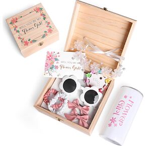 Flower Girl Gifts Set, Flower Girl Proposal Gifts Box, Will You Be My Flower Girl for Wedding, Flower Girl Sunglasses Hair Accessory Hairpins Hair Ring Tumbler Cup Wedding Gift Set - Empty Wooden Box