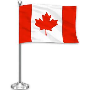 G128 Canada Canadian Deluxe Desk Flag Set | 8.5x5.5 In | Printed 300D Polyester, with Silver Dome and Base, 15" Metal Pole, Decorations For Office, Home and Festival Events Celebration
