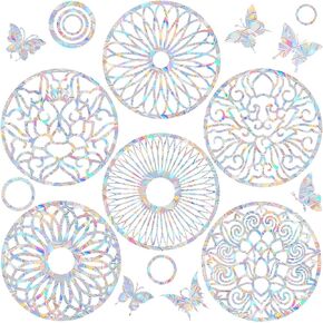 27 Pcs Mandala Circle Butterfly Window Clings - Anti-Collision Window Decals to Save Birds from Window Collisions,Non Adhesive Prismatic Vinyl Window Clings, Rainbow Stickers
