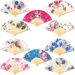 10 Pcs Hand Held Folding Fan, Summer Vintage Bamboo Folding Fan, Women Craft Silk Fan with Bamboo Frame, for Dancing Wedding DIY Home Decoration, Mixed Color