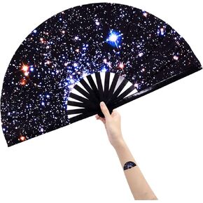 Amajiji Large Folding Hand Rave Fan for Women/Men, Chinease/Japanese Bamboo and Nylon-Cloth Hand held Folding Fan, Hand Fan Festival Fan Gift Fan Craft Fan Folding Fan Dance Fan (Carnival)