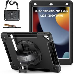 Case for iPad 9th Generation 2021: Military Grade TPU Protective Cover for iPad 8th/7th Gen 10.2 Inch 2020/2019 W/Pencil Holder - Stand - Handle - Shoulder Strap- Black