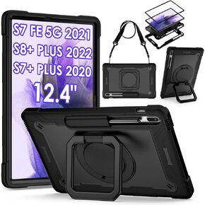 DETUOSI 360 Rotating Hybrid Case for Samsung Galaxy Tab S7 FE 5G/ S8+Plus/ S7+Plus 12.4" with S Pen Holder & Shoulder Strap, 360 Degree Swivel Kickstand Heavy Duty Hybrid Bumper Protective Kids Cover