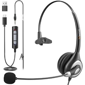 Wantek Headset with Microphone for PC, USB Wired Headphones - USB-C Over-Ear 3.5mm Headsets with Noise-Cancelling Microphone for Laptop - Computer Headphones with Mic in-line Control for Home