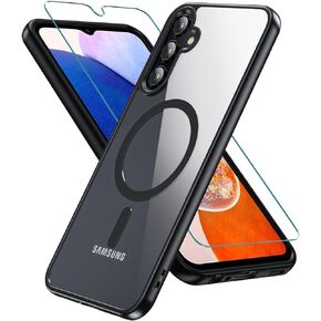 Magnetic Case for Samsung Galaxy A15, Samsung A15 5G Case with Screen Protector, [Military-Grade Drop Protection] Transparent Back Protective Phone Case Shockproof for Samsung A15 (Black)
