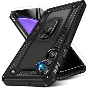 for Samsung Galaxy S23 FE Case with Screen Protector, Military Grade Rugged Shockproof Heavy Duty Galaxy S23 FE Protective Cover for Samsung S23 FE 5G Magnetic Ring Kickstand Phone Case (Black)