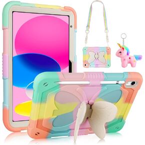 for iPad 10th Generation Case 2022,iPad 10.9 Case for Kids Girls, iPad 10th Case with Butterfly Wings Kickstand Pencil Holder Shoulder Strap Keychain Rugged Cover for iPad 10th Gen 10.9'' (2022)-Pink