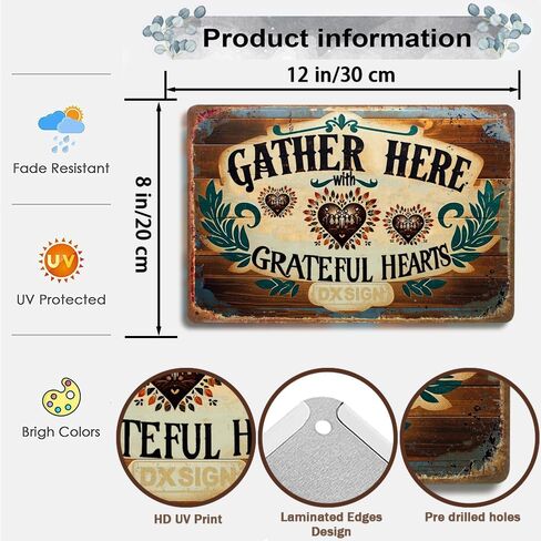 Vintage Metal Tin Sign - 'Gather Here with Grateful Hearts' - Rustic Wall Decor for Home, Kitchen, and Dining Room - 12x8 inches Distressed Retro Wall Art in Kuwait