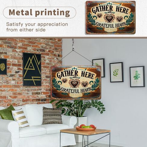 Vintage Metal Tin Sign - 'Gather Here with Grateful Hearts' - Rustic Wall Decor for Home, Kitchen, and Dining Room - 12x8 inches Distressed Retro Wall Art in Kuwait