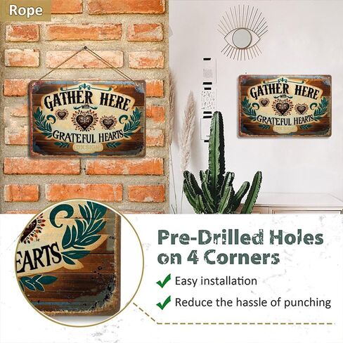 Vintage Metal Tin Sign - 'Gather Here with Grateful Hearts' - Rustic Wall Decor for Home, Kitchen, and Dining Room - 12x8 inches Distressed Retro Wall Art in Kuwait
