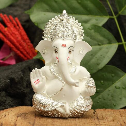 Silver Plated Lord Ganesha for Car Dashboard Statue Ganpati Figurine God of Luck & Success Home Decor Gifts (Size: 3.5 x 2 inches) in Kuwait