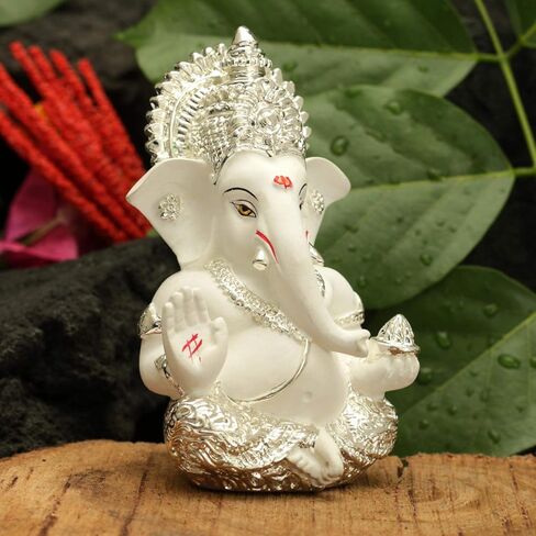 Silver Plated Lord Ganesha for Car Dashboard Statue Ganpati Figurine God of Luck & Success Home Decor Gifts (Size: 3.5 x 2 inches) in Kuwait