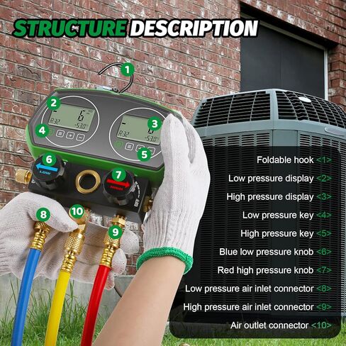 HVAC مجموعة قياس متعددة الرقمية التيار المتناوب المزدوج قياس الضغط أداة إصلاح التبريد مع 3 خراطيم 90 نوعا من بيانات التبريد in Kuwait