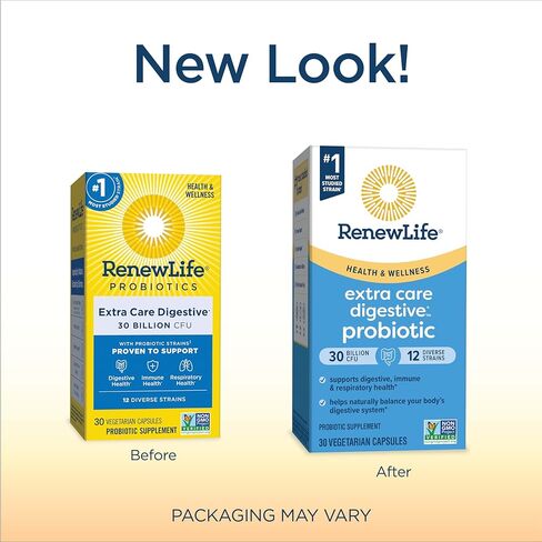 Renew Life Extra Care Probiotic Capsules, Daily Supplement Supports Immune, Digestive and Respiratory Health, L. Rhamnosus GG, Dairy, Soy and gluten-free, 30 Billion CFU, 30 Count in Kuwait