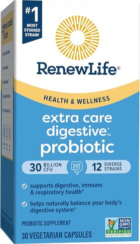 Renew Life Extra Care Probiotic Capsules, Daily Supplement Supports Immune, Digestive and Respiratory Health, L. Rhamnosus GG, Dairy, Soy and gluten-free, 30 Billion CFU, 30 Count in Kuwait