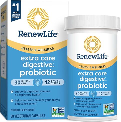 Renew Life Extra Care Probiotic Capsules, Daily Supplement Supports Immune, Digestive and Respiratory Health, L. Rhamnosus GG, Dairy, Soy and gluten-free, 30 Billion CFU, 30 Count in Kuwait