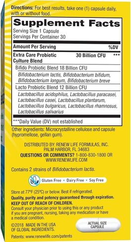 Renew Life Extra Care Probiotic Capsules, Daily Supplement Supports Immune, Digestive and Respiratory Health, L. Rhamnosus GG, Dairy, Soy and gluten-free, 30 Billion CFU, 30 Count in Kuwait