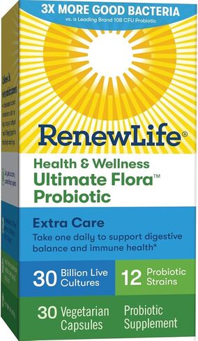 Renew Life Extra Care Probiotic Capsules, Daily Supplement Supports Immune, Digestive and Respiratory Health, L. Rhamnosus GG, Dairy, Soy and gluten-free, 30 Billion CFU, 30 Count in Kuwait