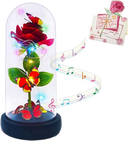 Gifts for Women Glass Rose Birthday Gifts for Mom， Colorful Rainbow Butterfly Artificial Flower Rose in A Glass Dome with Music Ideas for Christmas， Valentines,Wedding,Anniversary,Mothers Day in Kuwait