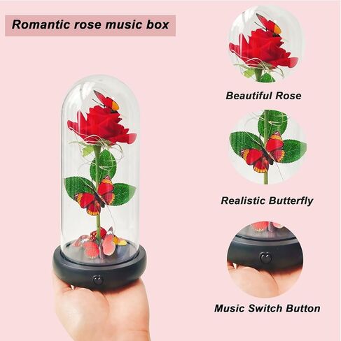 Gifts for Women Glass Rose Birthday Gifts for Mom， Colorful Rainbow Butterfly Artificial Flower Rose in A Glass Dome with Music Ideas for Christmas， Valentines,Wedding,Anniversary,Mothers Day in Kuwait