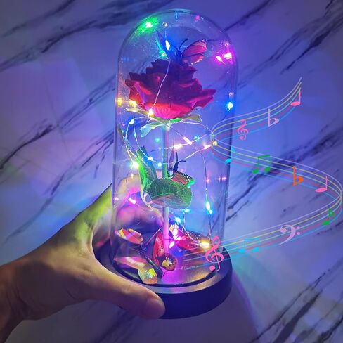 Gifts for Women Glass Rose Birthday Gifts for Mom， Colorful Rainbow Butterfly Artificial Flower Rose in A Glass Dome with Music Ideas for Christmas， Valentines,Wedding,Anniversary,Mothers Day in Kuwait
