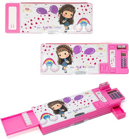 مقلمة منبثقة متعددة الوظائف للفتيات، منظم قرطاسية مع آلة حاسبة ومبراة وجدول زمني، صندوق أقلام رصاص لطيف للوازم المدرسية، حامل أدوات فنية للأطفال، أفضل هدية عيد ميلاد للأطفال in Kuwait