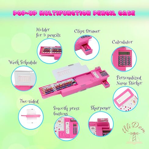 مقلمة منبثقة متعددة الوظائف للفتيات، منظم قرطاسية مع آلة حاسبة ومبراة وجدول زمني، صندوق أقلام رصاص لطيف للوازم المدرسية، حامل أدوات فنية للأطفال، أفضل هدية عيد ميلاد للأطفال in Kuwait