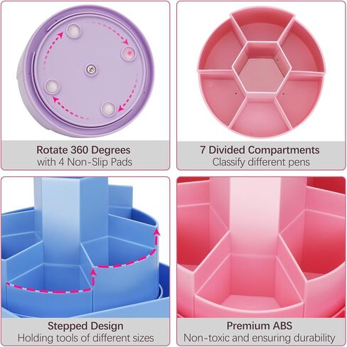 حامل أقلام للمكتب، حامل أقلام دوار 360 درجة، منظم أقلام 7 فتحات، منظم أقلام تحديد كبير لطيف للمكتب والمدرسة والفصول الدراسية، حاوية أقلام رصاص مع ملصقات للإمدادات الفنية، فرشاة مكياج (وردي) in Kuwait