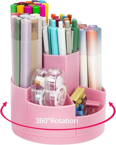 حامل أقلام للمكتب، حامل أقلام دوار 360 درجة، منظم أقلام 7 فتحات، منظم أقلام تحديد كبير لطيف للمكتب والمدرسة والفصول الدراسية، حاوية أقلام رصاص مع ملصقات للإمدادات الفنية، فرشاة مكياج (وردي) in Kuwait