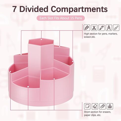 حامل أقلام للمكتب، حامل أقلام دوار 360 درجة، منظم أقلام 7 فتحات، منظم أقلام تحديد كبير لطيف للمكتب والمدرسة والفصول الدراسية، حاوية أقلام رصاص مع ملصقات للإمدادات الفنية، فرشاة مكياج (وردي) in Kuwait