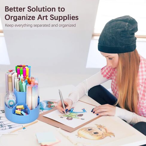 حامل أقلام للمكتب، حامل أقلام دوار 360 درجة، منظم أقلام 7 فتحات، منظم أقلام تحديد كبير لطيف للمكتب والمدرسة والفصول الدراسية، حاوية أقلام رصاص مع ملصقات للإمدادات الفنية، فرشاة مكياج (وردي) in Kuwait