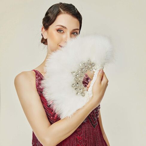 BABEYOND 1920s Marabou Feather Fan - مروحة يدوية عتيقة باقة ريش الزفاف وصيفات الشرف لحفل الزفاف (أبيض) in Saudi Arabia
