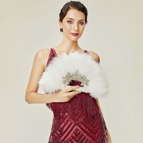 BABEYOND 1920s Marabou Feather Fan - مروحة يدوية عتيقة باقة ريش الزفاف وصيفات الشرف لحفل الزفاف (أبيض) in Saudi Arabia