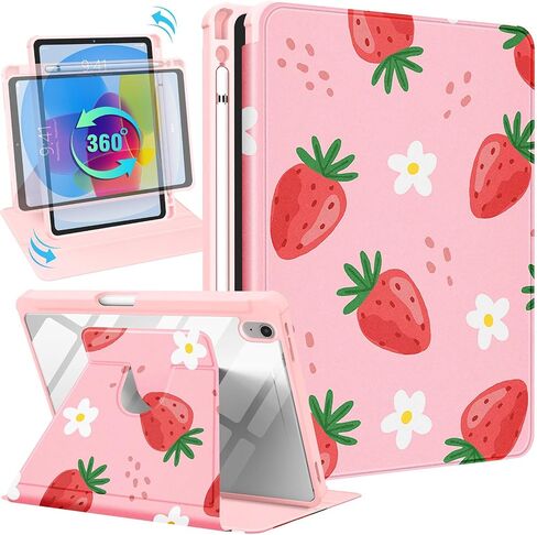 حافظة لجهاز iPad الجيل العاشر مقاس 10.9 بوصة، غطاء فوليو مع حامل قلم رصاص للأطفال والبنات والنساء اللطيفة على شكل فراولة وجرلي جميلة كاواي حامل دوار زهري لحافظات Apple iPad 10 Gen 2022 in Kuwait