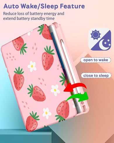 حافظة لجهاز iPad الجيل العاشر مقاس 10.9 بوصة، غطاء فوليو مع حامل قلم رصاص للأطفال والبنات والنساء اللطيفة على شكل فراولة وجرلي جميلة كاواي حامل دوار زهري لحافظات Apple iPad 10 Gen 2022 in Kuwait