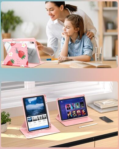 حافظة لجهاز iPad الجيل العاشر مقاس 10.9 بوصة، غطاء فوليو مع حامل قلم رصاص للأطفال والبنات والنساء اللطيفة على شكل فراولة وجرلي جميلة كاواي حامل دوار زهري لحافظات Apple iPad 10 Gen 2022 in Kuwait