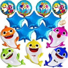 GRAME Shark Birthday Party Decorations for Boys and Girls, 26" Cartoon Helium Balloons XL for Baby Birthday Party with 9 Pcs 18" Round and Star Ocean Theme Balloons, Shark Party Decorations (14 pcs)